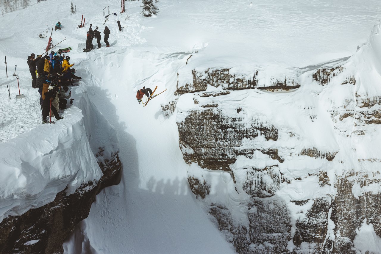 person skiing corbets couloir