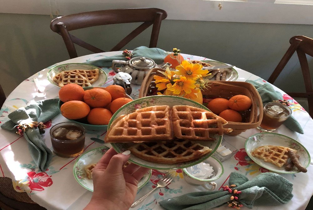 Waffle and Sausage breakfast