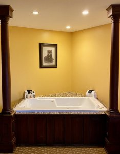 Room with couch and jetted tub