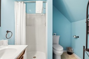 A bathroom with shower