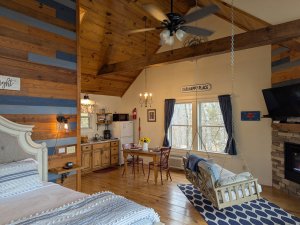 porch swing facing fireplace and TV