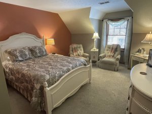 Bed and reclining chair under semi-vaulted ceiling