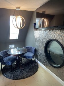 Bathroom countertop under window and mirror