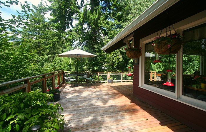 A deck with potted plants