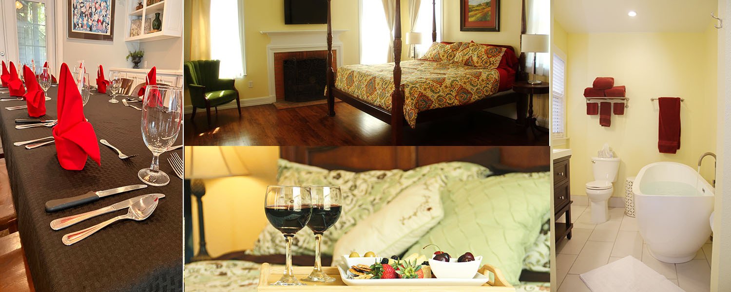 table setting, pillows on bed, fruit and wine, bathroom