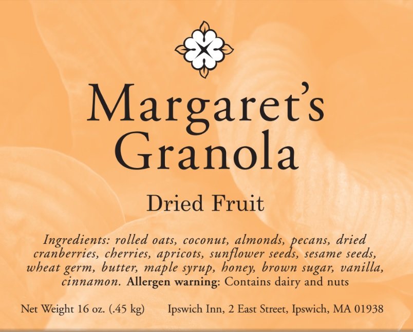Margaret's Granola dried fruit. Ingredients: rolled oats, coconut, almonds, pecans, dried cranberries, cherries, apricots, sunflower seeds, sesame seeds, wheat germ, butter, maple syrup, honey, brown sugar, vanilla, cinnamon. Allergen warning: contains dairy and nuts